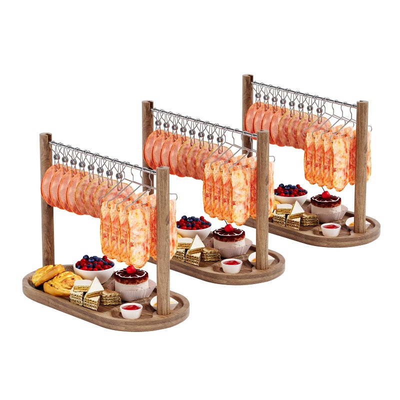 Gernshe Acacia Bacon Display Rack-Set of 3-Premium Stainless Steel Clothesline Serving Tray with Non-Slip Pads-Bacon Hanger Serving Platters-Bacon Serving Dishes-Housewarming Gifts&Wedding Gift Ideas - Image 1