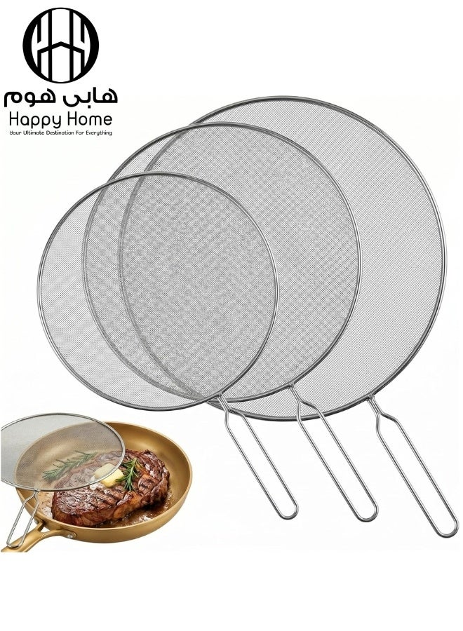 هابي هوم طقم 3 أغطية شبكية متعددة الاستخدامات من الستانلس ستيل بمقاسات 33 سم و29 سم و20 سم – مانع تناثر الزيت للقلي والتحمير، غطاء تبخير للخضروات والسوتيه، مصفاة شبكية لتصفية الأطعمة والمكرونة، مقاوم للصدأ بمقابض طويلة للتخزين والتعليق - Image 1