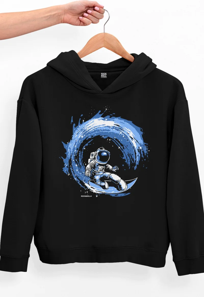 Rock&Roll Rock & Roll Galactic Surfer Black Oversize Hooded Thick Women's Sweatshirt