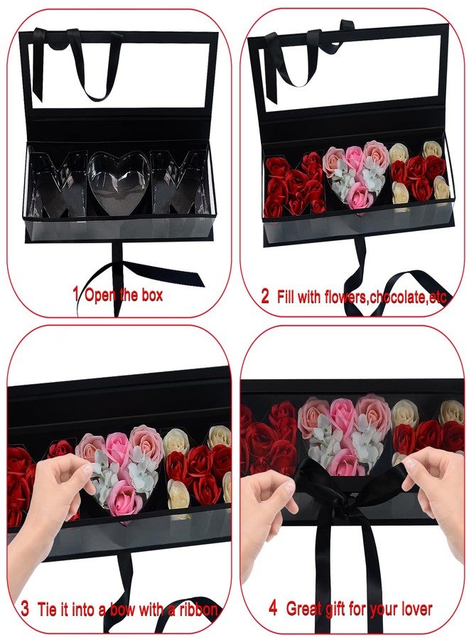 AebDerp Empty Mother's Day Flower Box: MOM Letters Shaped Fillable Cardboard Boxes with Ribbon and Lid for Mothers Birthday, Valentine's Day, Christmas, Roses Chocolate Jewelry Packaging, DIY Bouquet (Black) - Image 3