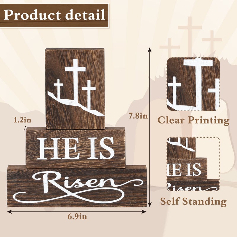KORMMCO He Is Risen Easter Tiered Tray Decor, 3Pcs Christian Wooden Signs for Table Centerpiece, Religious Easter Decorations for Home Kitchen Farmhouse - Image 3