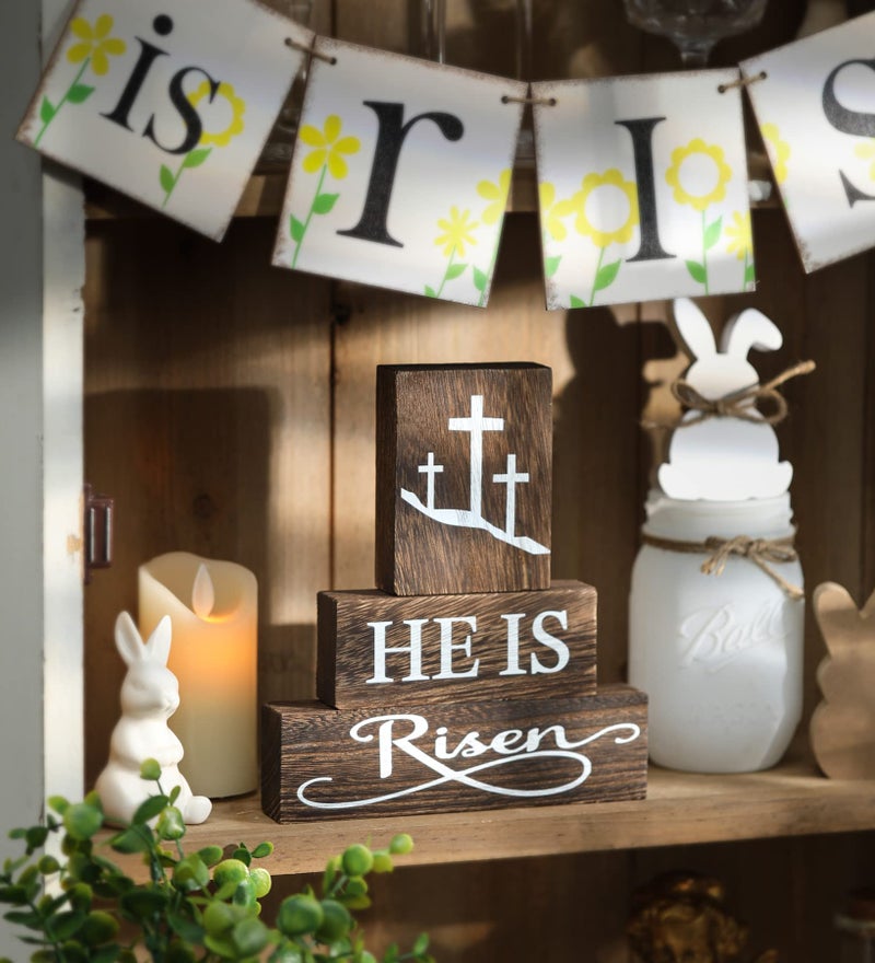 KORMMCO He Is Risen Easter Tiered Tray Decor, 3Pcs Christian Wooden Signs for Table Centerpiece, Religious Easter Decorations for Home Kitchen Farmhouse - Image 5