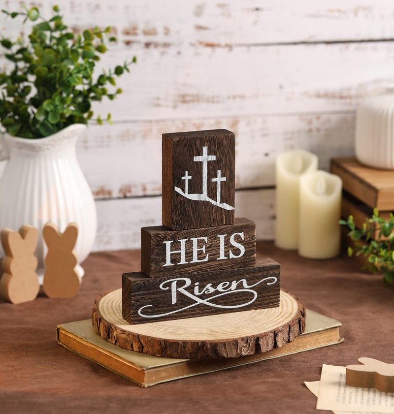 KORMMCO He Is Risen Easter Tiered Tray Decor, 3Pcs Christian Wooden Signs for Table Centerpiece, Religious Easter Decorations for Home Kitchen Farmhouse - Image 2
