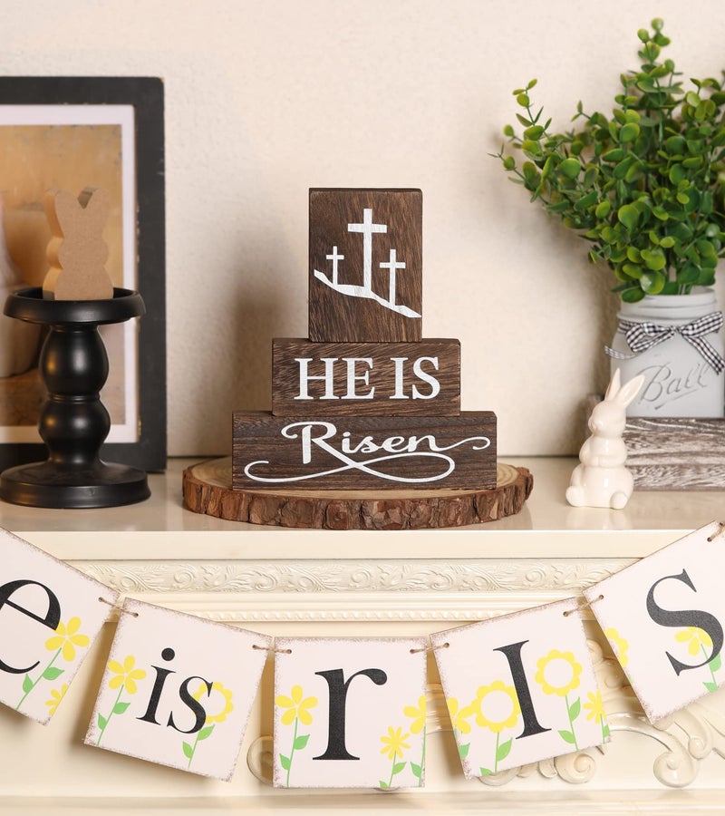 KORMMCO He Is Risen Easter Tiered Tray Decor, 3Pcs Christian Wooden Signs for Table Centerpiece, Religious Easter Decorations for Home Kitchen Farmhouse - Image 4