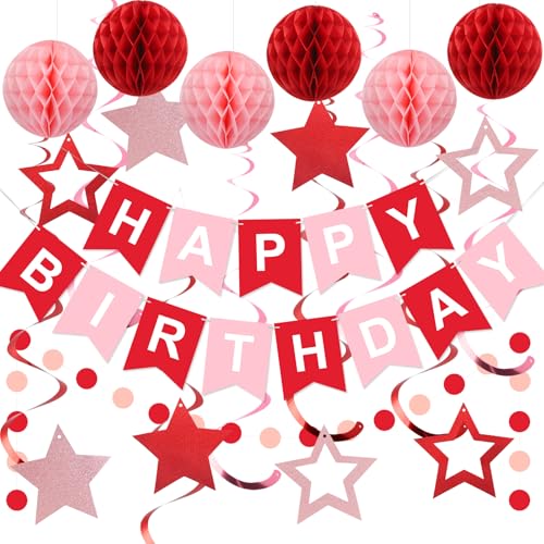 meowtastic Birthday Decorations Happy Birthday Banner with Honeycomb Balls Stars Hanging Swirl Streamers Circle Dots Garland Happy Birthday Party Decorations for Women Men Boys Girls Red - Image 1