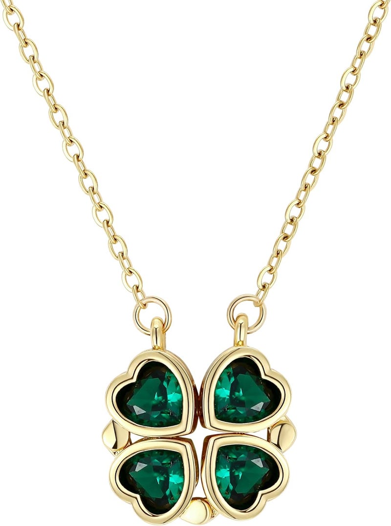 إيروريكس قلادة على شكل ورقة برسيم، مطلية بالذهب، مرصعة بكريستال أخضر على شكل قلب، مجوهرات تجلب الحظ والرومانسية للنساء - Image 1