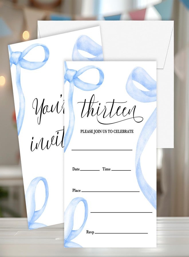 Cazhes Birthday Invitations Girl, 20 Double-Sided 13th Birthday Invites with Envelopes, Blue Bow Party Decorations Supplies Favors - B02 - Image 1