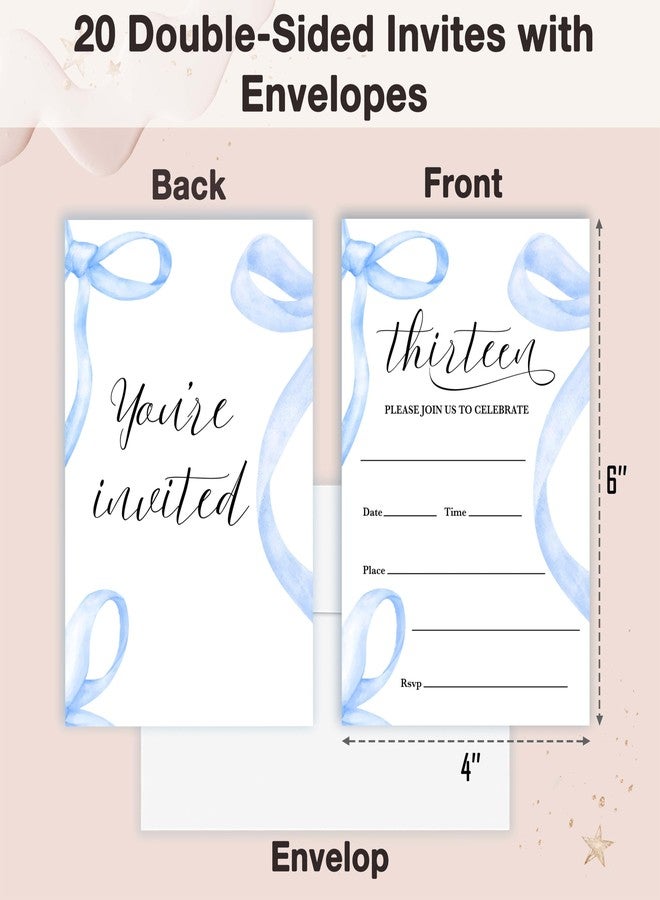 Cazhes Birthday Invitations Girl, 20 Double-Sided 13th Birthday Invites with Envelopes, Blue Bow Party Decorations Supplies Favors - B02 - Image 2