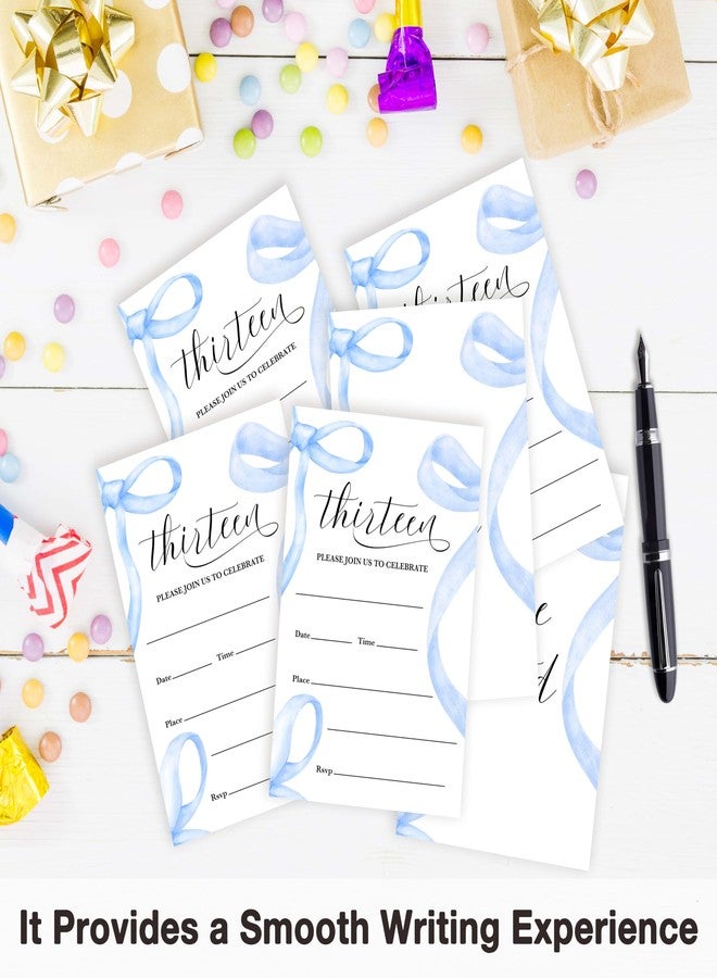 Cazhes Birthday Invitations Girl, 20 Double-Sided 13th Birthday Invites with Envelopes, Blue Bow Party Decorations Supplies Favors - B02 - Image 3