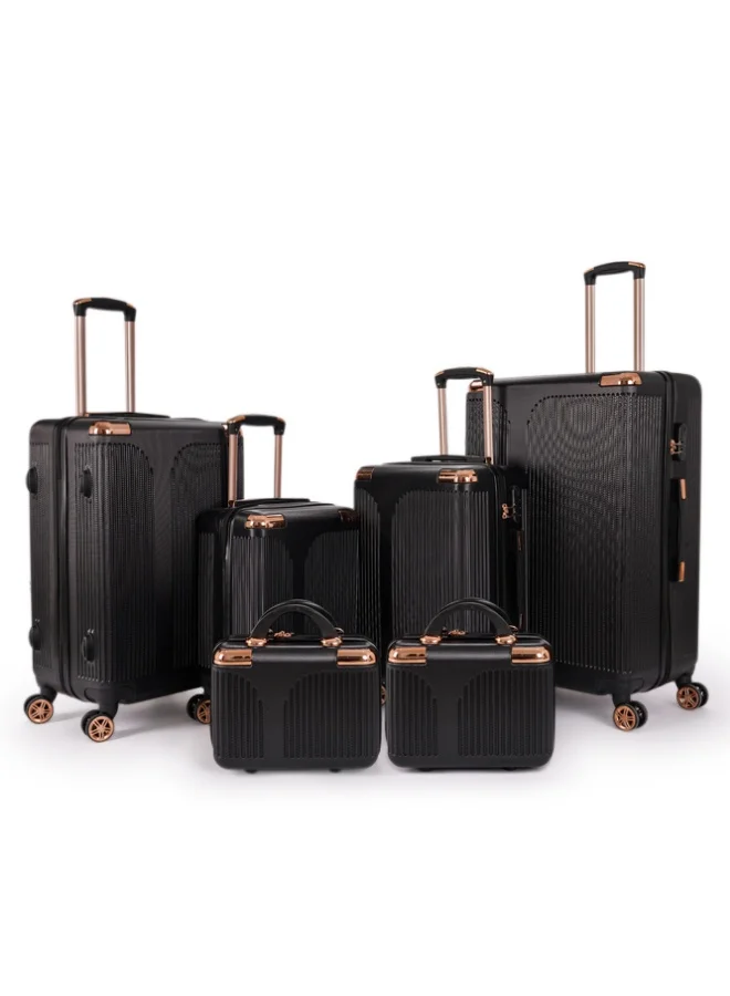 LIMRA Travel Bags 6-piece luggage set from LIMRA in elegant black color. Crafted from durable yet lightweight pc material, featuring 360° spinner wheels, a telescopic handle, and a built-in lock for secure and effortless travel.