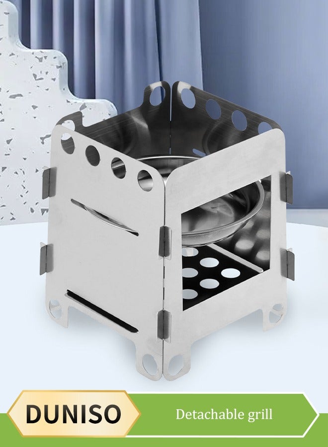 DUNISO Camping wood stove, foldable stainless steel wood burning stove, portable outdoor backpack barbecue stove, rust proof, used for outdoor survival, cooking, picnicking ,9.5 * 10.7 * 9cm, silver  - Image 1