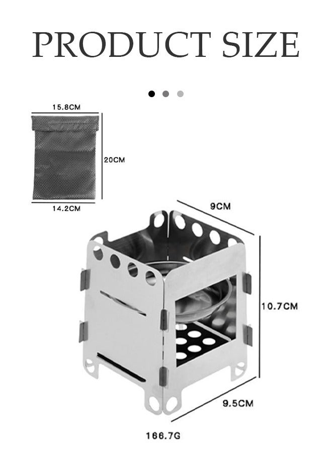 DUNISO Camping wood stove, foldable stainless steel wood burning stove, portable outdoor backpack barbecue stove, rust proof, used for outdoor survival, cooking, picnicking ,9.5 * 10.7 * 9cm, silver  - Image 2