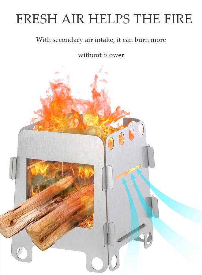 DUNISO Camping wood stove, foldable stainless steel wood burning stove, portable outdoor backpack barbecue stove, rust proof, used for outdoor survival, cooking, picnicking ,9.5 * 10.7 * 9cm, silver  - Image 5