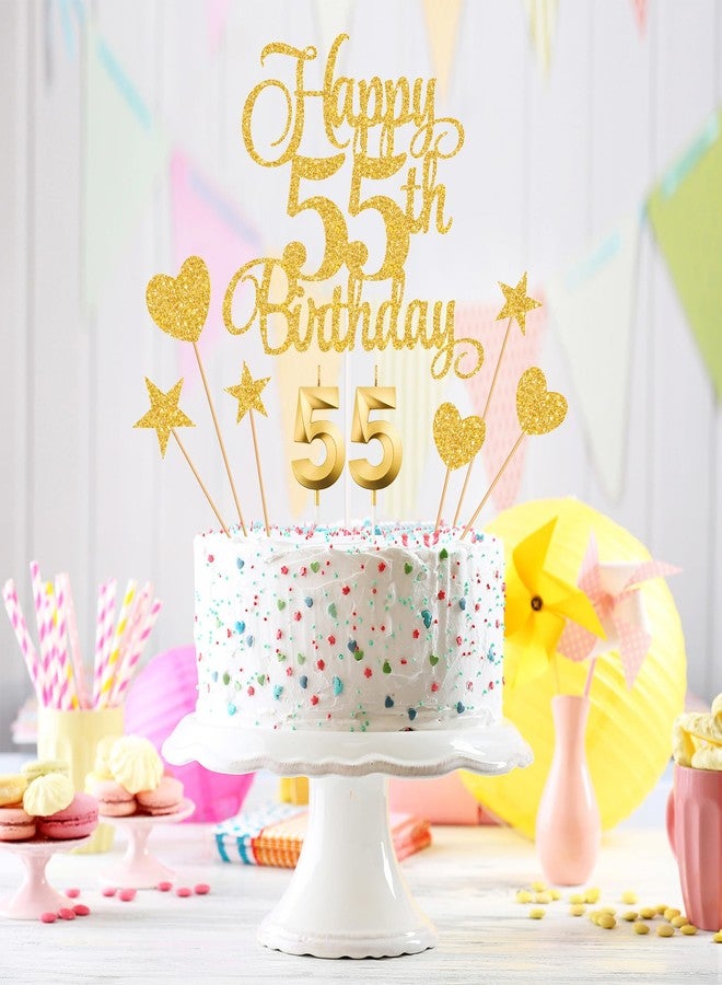 Lecferrarc 55th Birthday Cake Decorations, 55th Birthday Candles Cake Numeral Candles and Glitter Happy 55th Birthday Cake Toppers Set for Birthday Party Supplies (Gold) - Image 4
