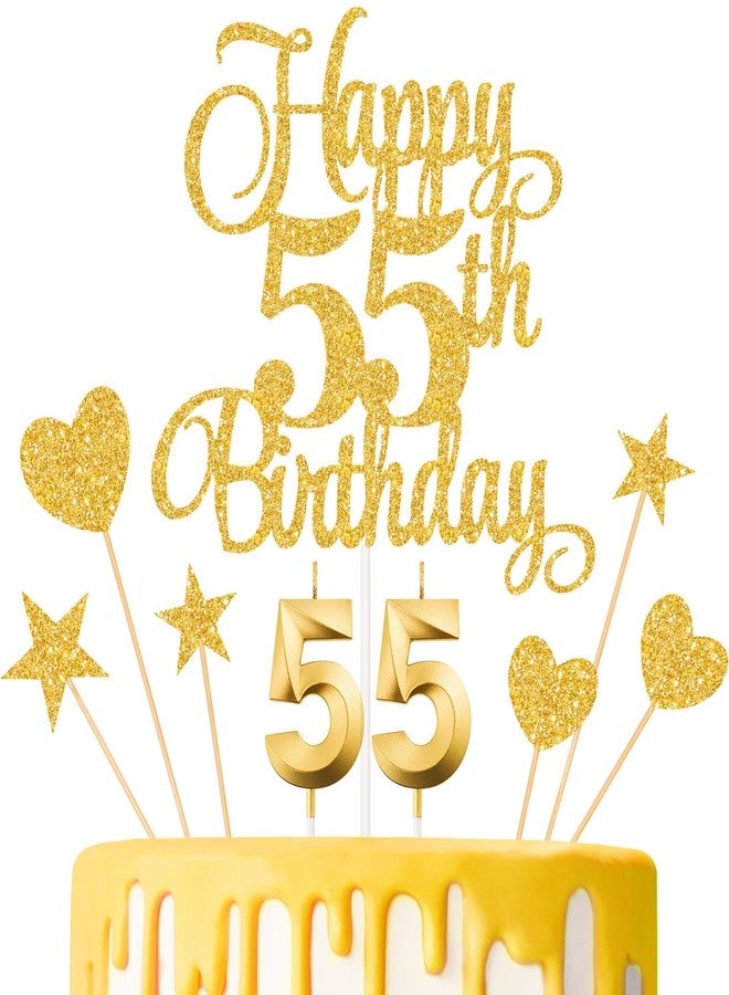 Lecferrarc 55th Birthday Cake Decorations, 55th Birthday Candles Cake Numeral Candles and Glitter Happy 55th Birthday Cake Toppers Set for Birthday Party Supplies (Gold) - Image 1