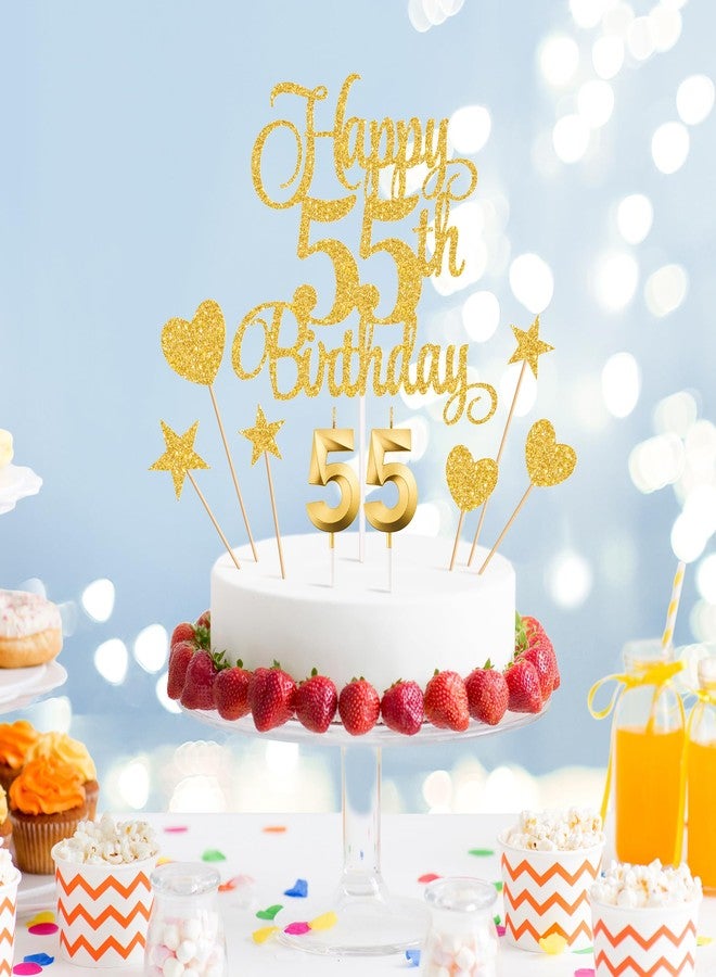 Lecferrarc 55th Birthday Cake Decorations, 55th Birthday Candles Cake Numeral Candles and Glitter Happy 55th Birthday Cake Toppers Set for Birthday Party Supplies (Gold) - Image 3