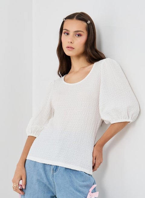 Take Two Texture Balloon Sleeve Round Neck Blouse