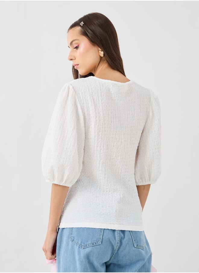 Take Two Take Two Texture Balloon Sleeve Round Neck Blouse  - Image 4