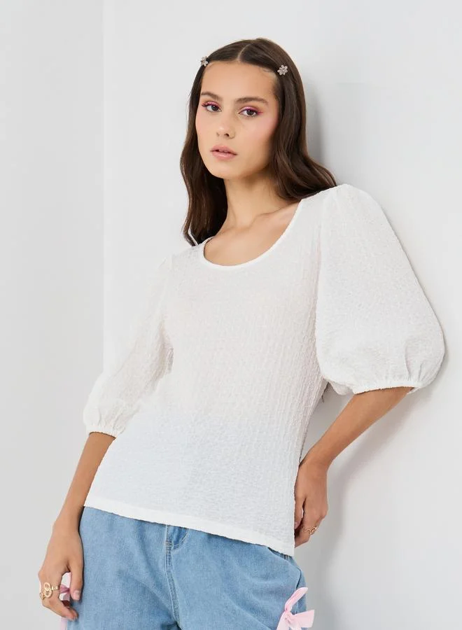 Take Two Take Two Texture Balloon Sleeve Round Neck Blouse