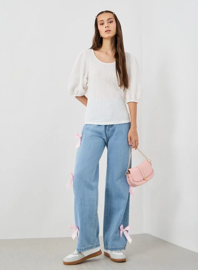 Take Two Take Two Texture Balloon Sleeve Round Neck Blouse