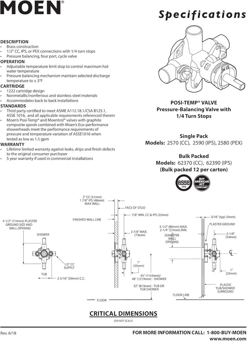 Moen Rough-In Posi-Temp Pressure Balancing Shower Valve with Stops, 1/2-Inch IPS, Model 2590 - Image 4