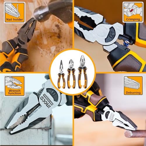 INGCO 3 Pcs High Leverage Pliers Set, Cr-V, 8" Combination Plier, 7" Diagonal Cutting Plier, 6" Long Nose Plier, Saving 30% Strength - Image 2