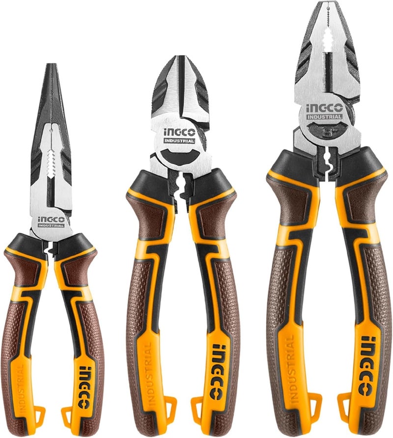 INGCO 3 Pcs High Leverage Pliers Set, Cr-V, 8" Combination Plier, 7" Diagonal Cutting Plier, 6" Long Nose Plier, Saving 30% Strength - Image 1