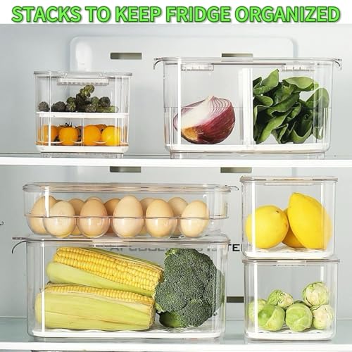 elabo Fruit Storage Containers for Fridge Fresh Produce Saver - 3 Pack Stackable Fridge Organizers Bins with Lids, Drain Tray, Food Storage Container for Vegetables, Lettuce, Salad and Berry, BPA-free - Image 2