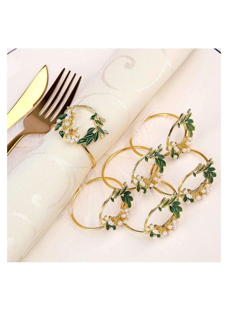 Y&D 6 PCS Pearl Flower Napkin Rings Wedding Golden Serviette Buckle Holder for Family Gathering Dinner Party Table Decoration (Golden)  - Image 1