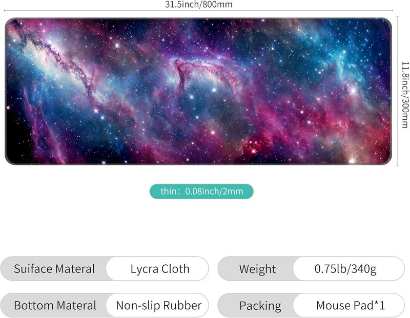 Dynippy Thin Extended Gaming Mouse Pad （31.5 * 11.8 * 0.08 inch） with Stitched Edges Large Mousepad Long XXL Keyboard and Mouse pad Desk Mat for Gaming Office & Home - Galaxy Nebula Space - Image 2
