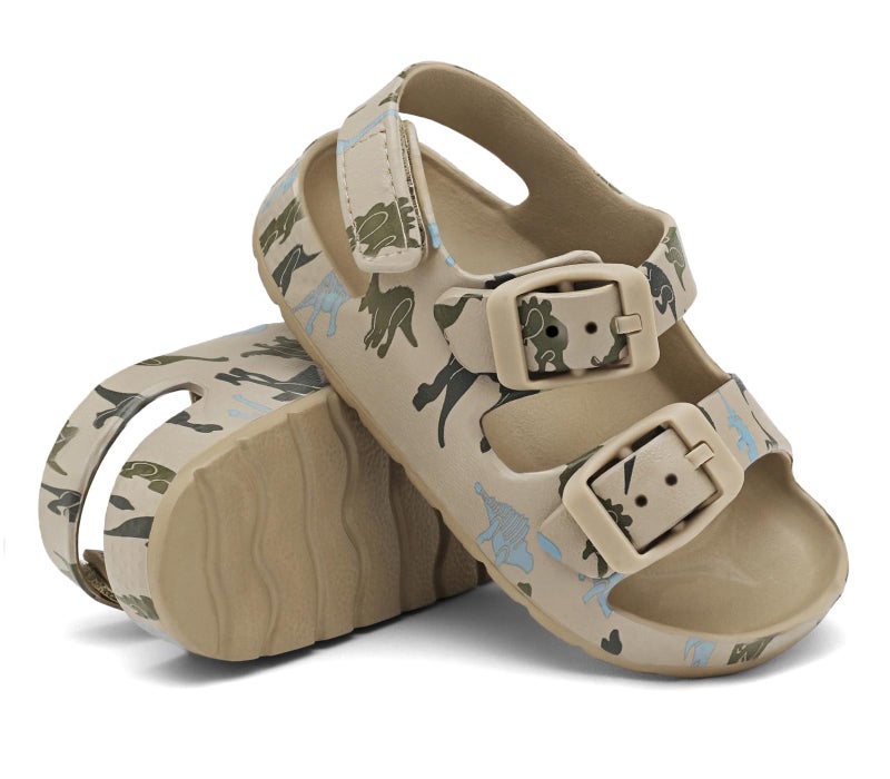 ChayChax Toddler Boys Girls Double Buckle Sandals Children's Adjustable Back Strap Water Sandal, khaki Dinosaur, 7 Toddler - Image 3