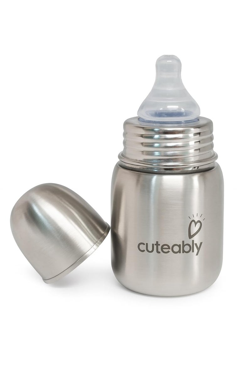 Cuteably Stainless Steel Baby Bottle, 150ml/200ml/300ml, Wide Neck Design, BPA-Free Silicone Teat, Silver (150 ML) - Image 1