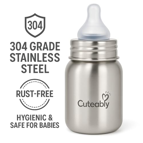 Cuteably Stainless Steel Baby Bottle, 150ml/200ml/300ml, Wide Neck Design, BPA-Free Silicone Teat, Silver (150 ML) - Image 2