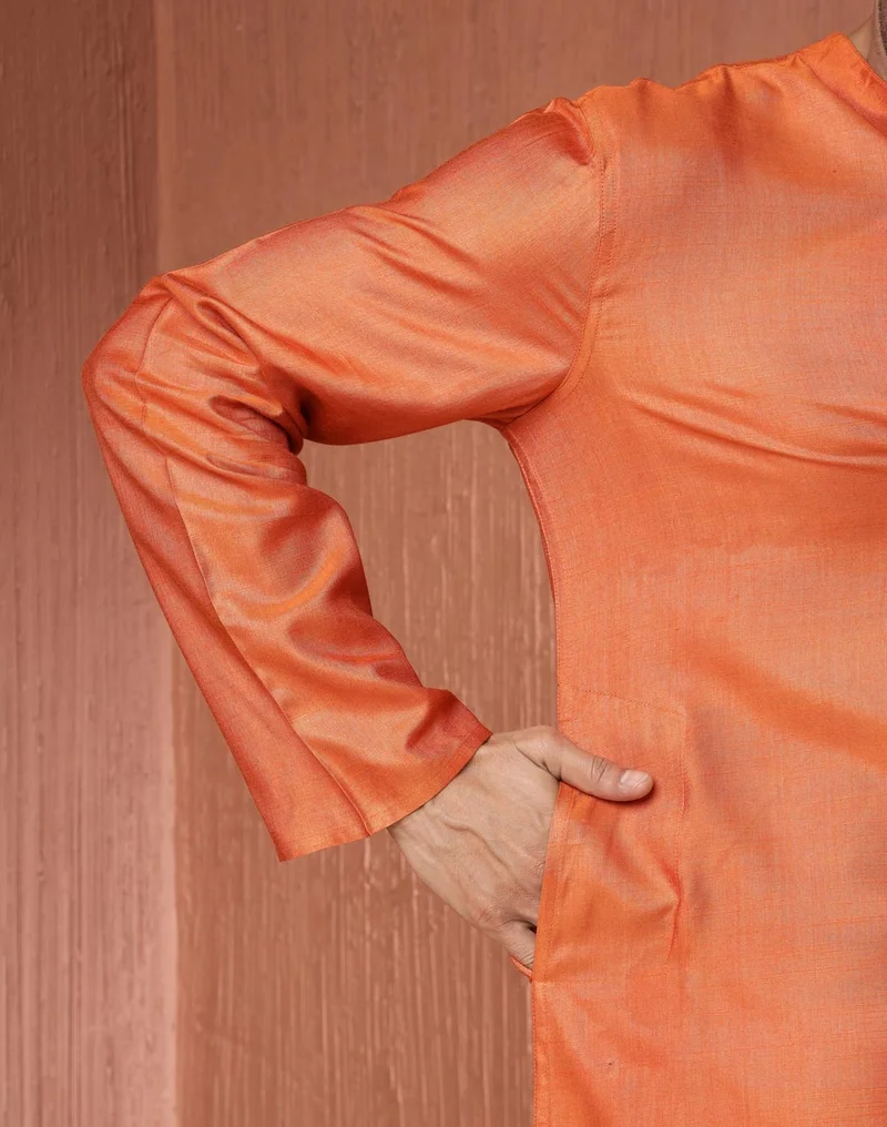 Fabindia Orange Viscose Silk Comfort Fit Long Kurta