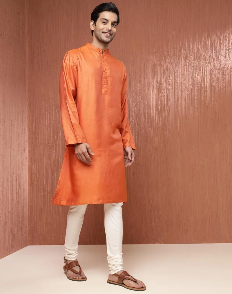 Fabindia Orange Viscose Silk Comfort Fit Long Kurta