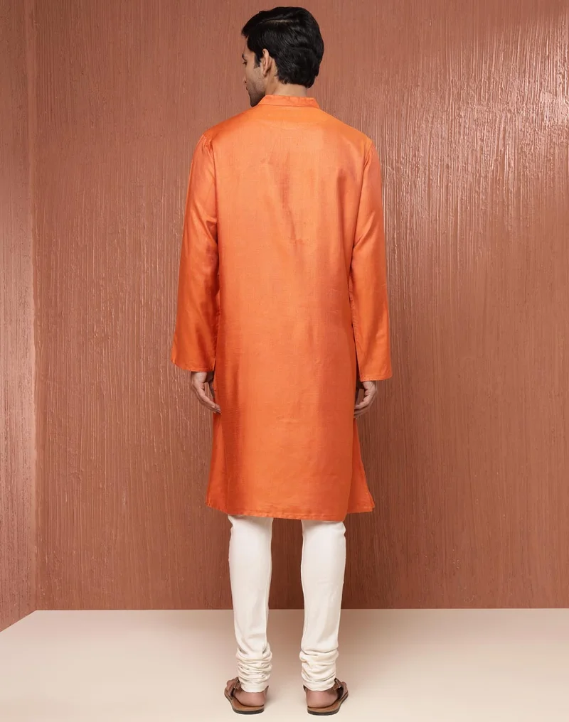 Fabindia Orange Viscose Silk Comfort Fit Long Kurta