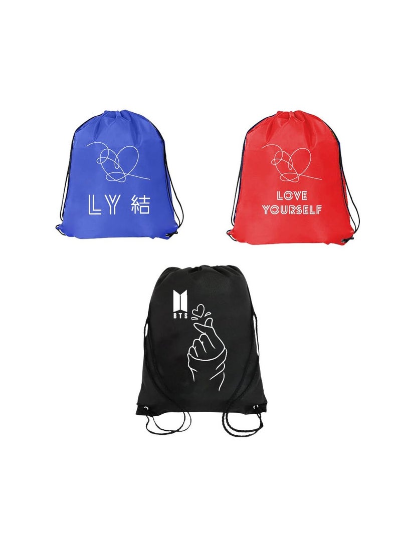 Pack Of 3 Drawstring Bags With BTS Design For Boys And Girls-Durable Sports Backpack For Kids,Great For School And Everyday Use,Lightweight With BTS Design For Everyday Use - Image 1
