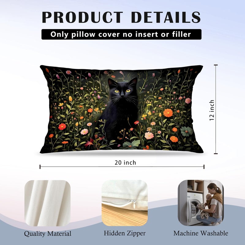 Exqcom Moody Wildflower Black Cat Pillow Covers 12x20 Set of 2, Black Cat Decor, Dark Green Cottagecore Botanical Floral Kitten Decorative Lumbar Pillow Covers for Home Bedroom Living Room - Image 5