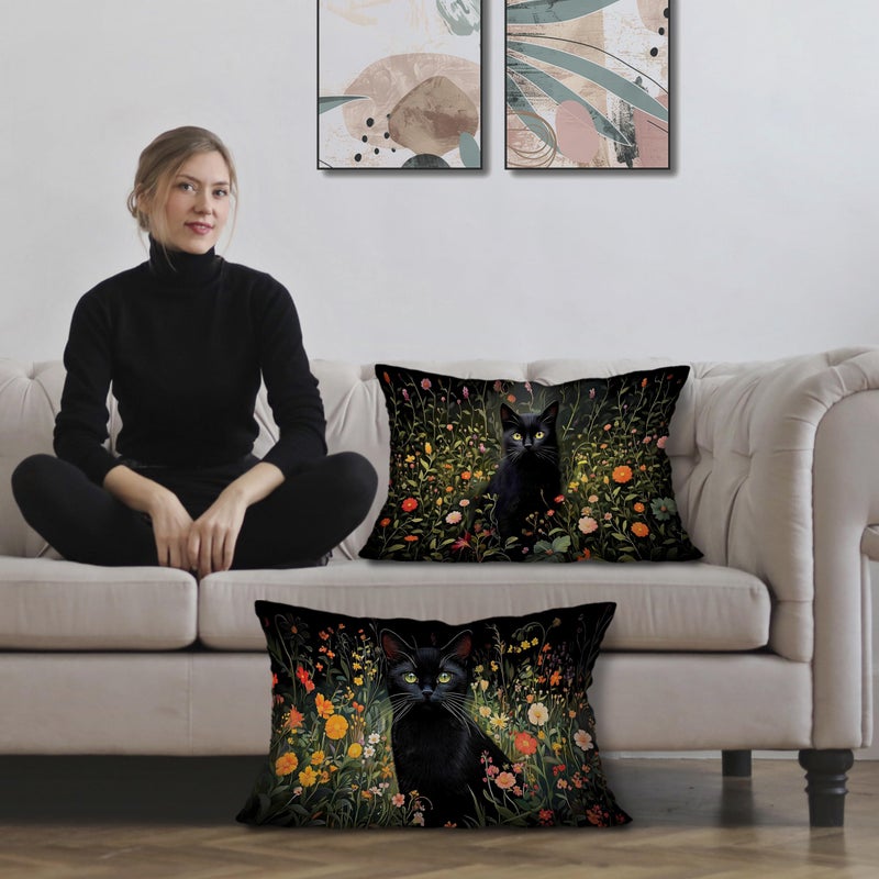 Exqcom Moody Wildflower Black Cat Pillow Covers 12x20 Set of 2, Black Cat Decor, Dark Green Cottagecore Botanical Floral Kitten Decorative Lumbar Pillow Covers for Home Bedroom Living Room - Image 2