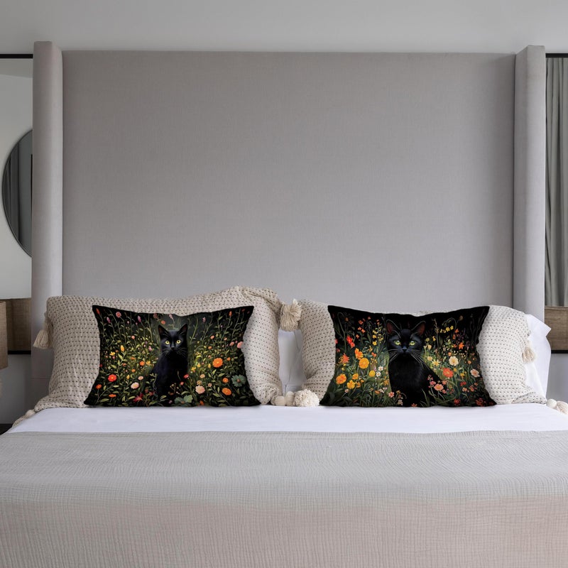 Exqcom Moody Wildflower Black Cat Pillow Covers 12x20 Set of 2, Black Cat Decor, Dark Green Cottagecore Botanical Floral Kitten Decorative Lumbar Pillow Covers for Home Bedroom Living Room - Image 4