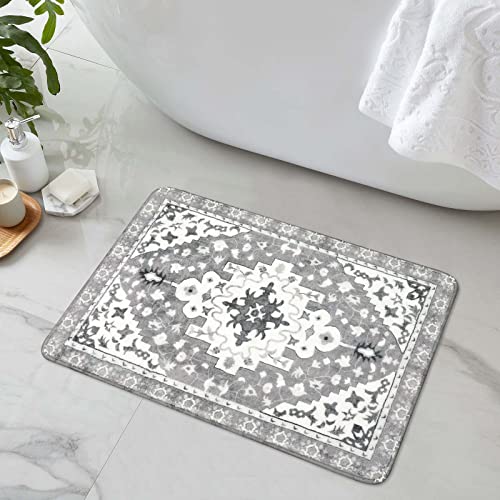 Uphome Boho Vintage Bathroom Rugs Gray NonSlip Soft Bath Mat Machine Washable Oriental Small Bath Rug Traditional Tribal Floral Bath Mats for Sink Shower Doorway Tub 18x25 inch