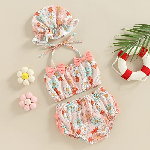 Yccutest Toddler Girl Swimsuits Infant Baby Girl Bathing Suit Bikini Sets Swimwear 3 Piece Summer Beach Outfit Top Shorts Hat (P-Pink Floral, 18-24 Months) - Image 2