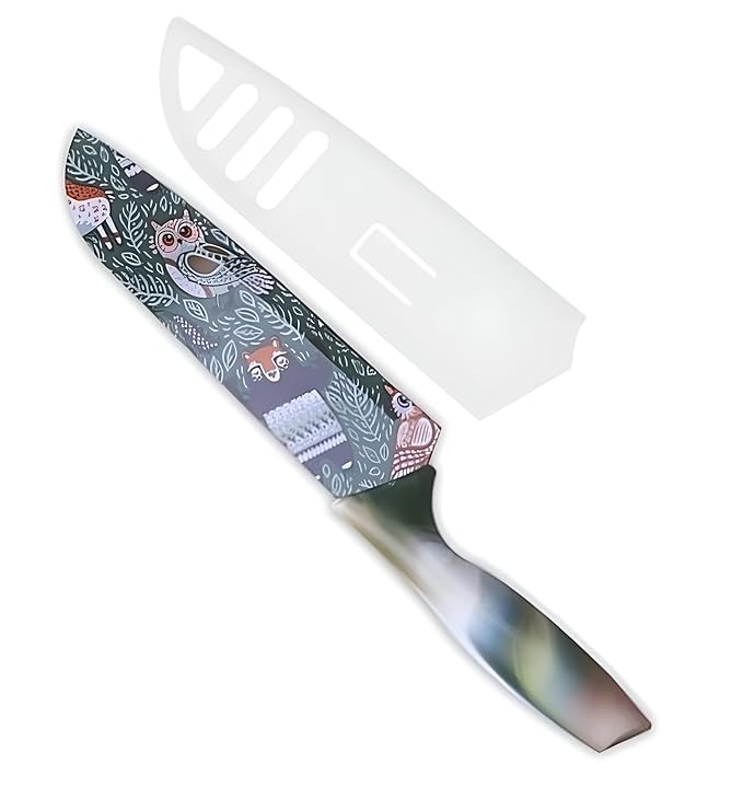 NAIDEV Stainless Steel ColorPrinted Santoku Knife Colorful NonStick Coating for Home Kitchen Ergonomic Comfort Grip NonSlip Handle with Protective Blade Cover Green Bird Printed - Image 1