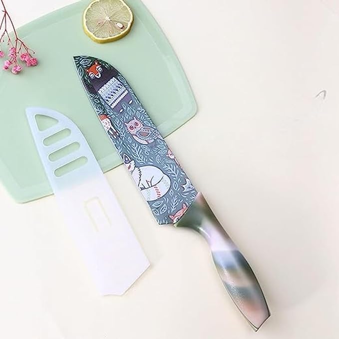 NAIDEV Stainless Steel ColorPrinted Santoku Knife Colorful NonStick Coating for Home Kitchen Ergonomic Comfort Grip NonSlip Handle with Protective Blade Cover Green Bird Printed - Image 5