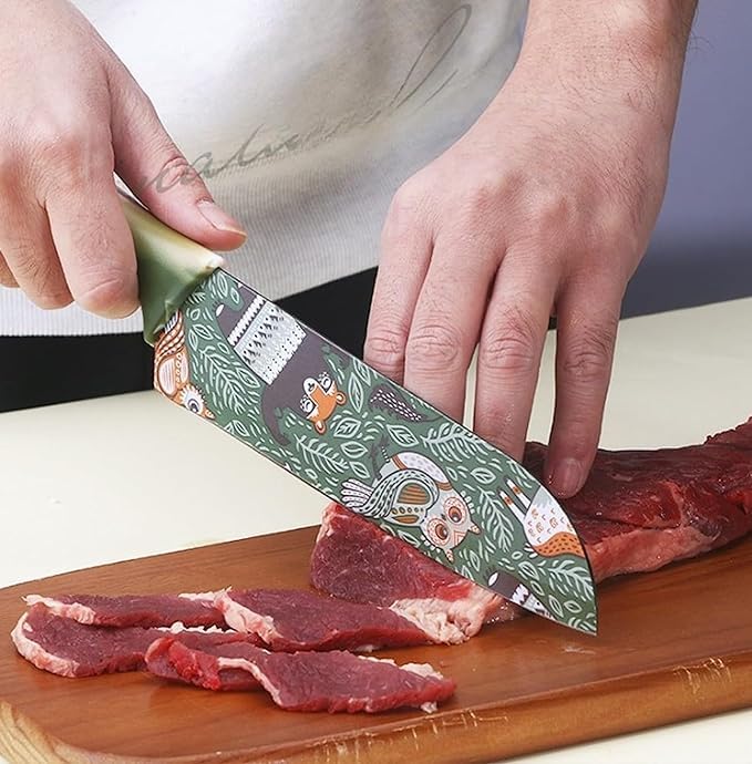 NAIDEV Stainless Steel ColorPrinted Santoku Knife Colorful NonStick Coating for Home Kitchen Ergonomic Comfort Grip NonSlip Handle with Protective Blade Cover Green Bird Printed - Image 3