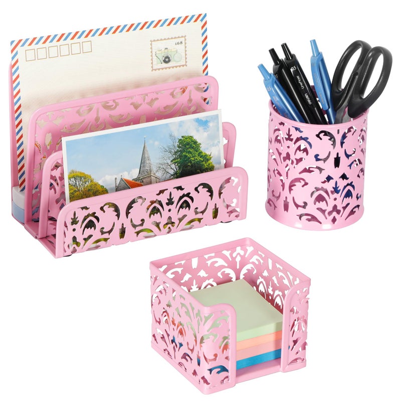 EasyPAG Desk Organizers and Accessories 3 Pieces Office Organizer Set - Pen Holder for Desk, Mail Sorter Countertop and Sticky Note Holder, Pink - Image 1