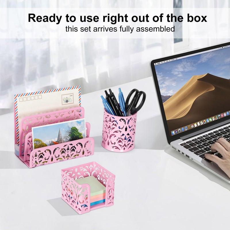 EasyPAG Desk Organizers and Accessories 3 Pieces Office Organizer Set - Pen Holder for Desk, Mail Sorter Countertop and Sticky Note Holder, Pink - Image 4
