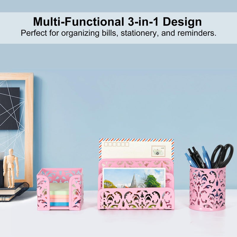 EasyPAG Desk Organizers and Accessories 3 Pieces Office Organizer Set - Pen Holder for Desk, Mail Sorter Countertop and Sticky Note Holder, Pink - Image 2