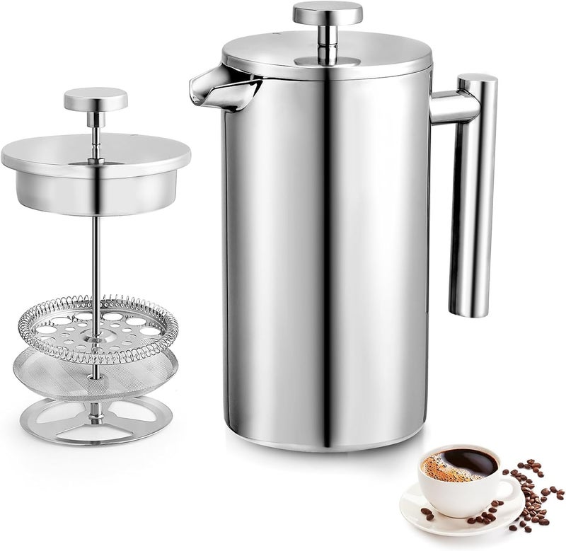 Miuly French Press 34oz Double Insulated 304 Stainless Steel Coffee PressStainless Steel French Press with 2 Extra Fliters and 1 Coaster Mat Coffee Set34oz Sliver