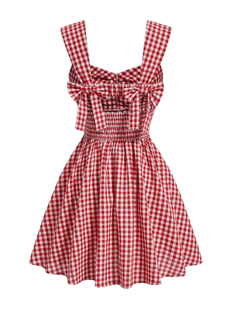 Floerns Women's Plaid Ruched Bust Sleeveless Vintage Bowknot Pleated Short Dresses Red Large - Image 1